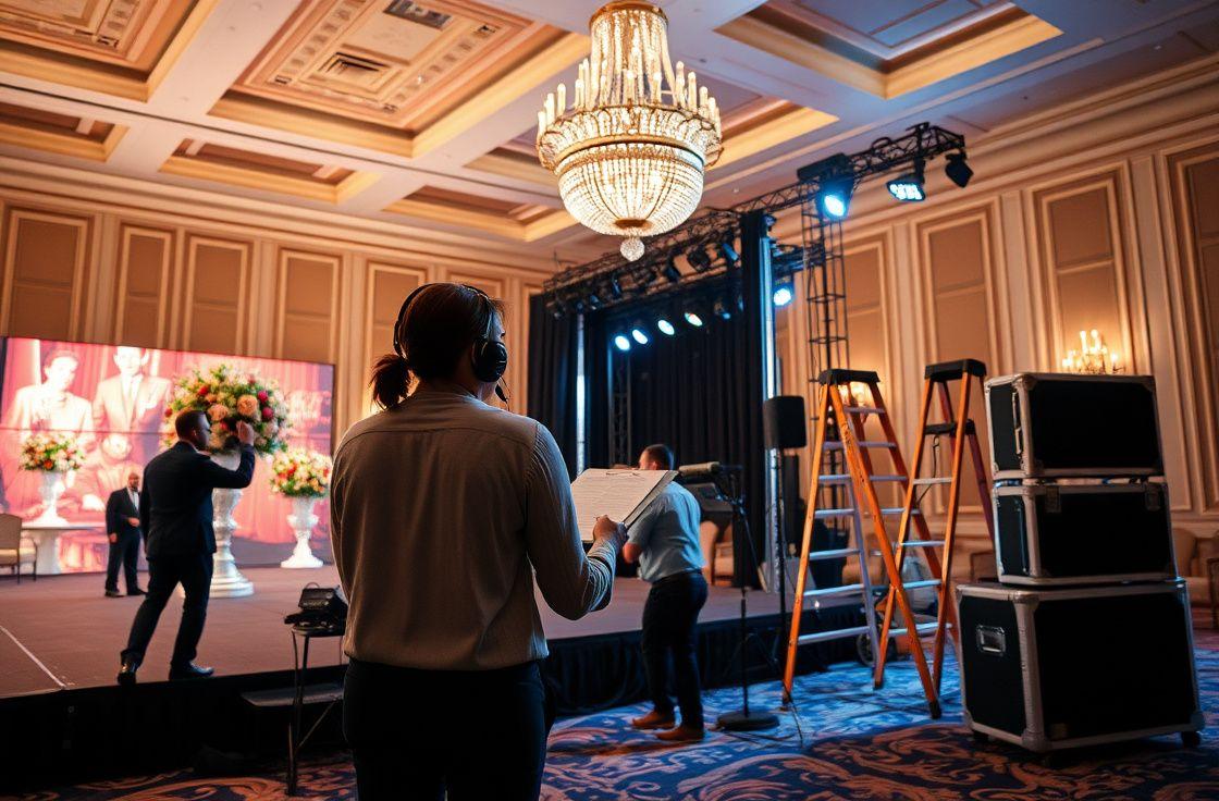 Verve Events production crew setting up a ballroom stage