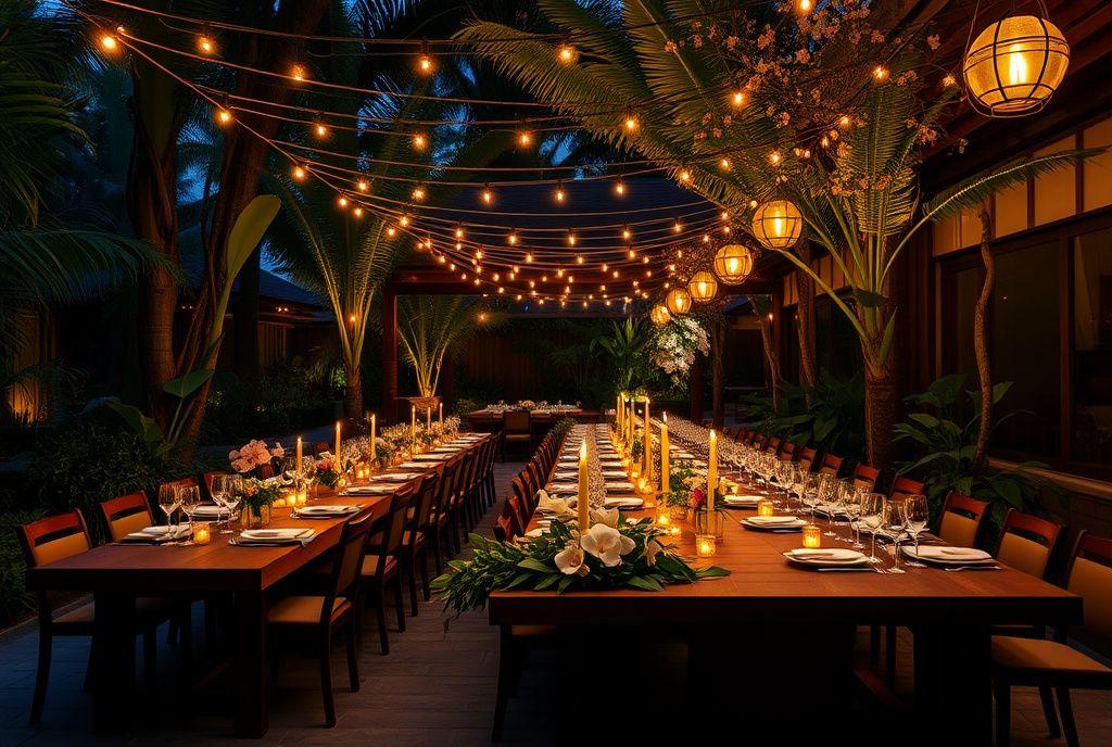 Private garden dinner celebration under fairy lights at dusk