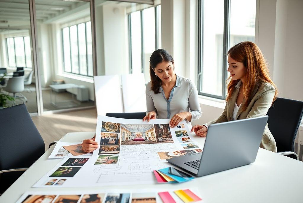 Consultants planning an event over floor plans and swatches