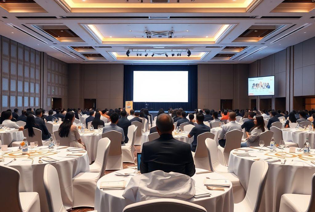 Corporate conference staging with LED screen and round tables